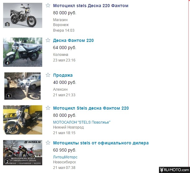 Скриншот цен на мотоциклы Стелс Десна Фантом 220 с портала авито.
